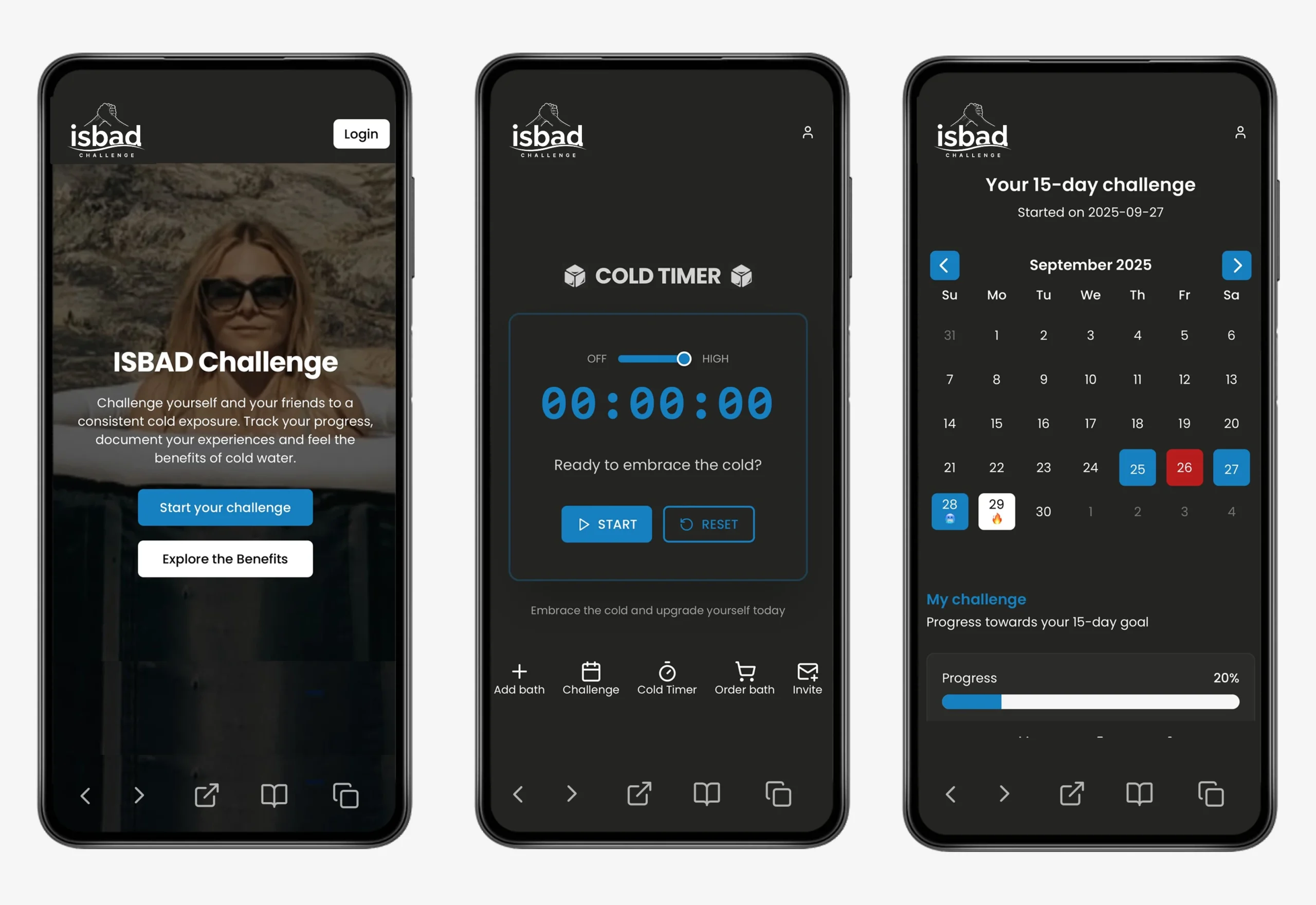ISBAD Challenge app på tre mobiltelefoner som visar statistik och isbadsprogress